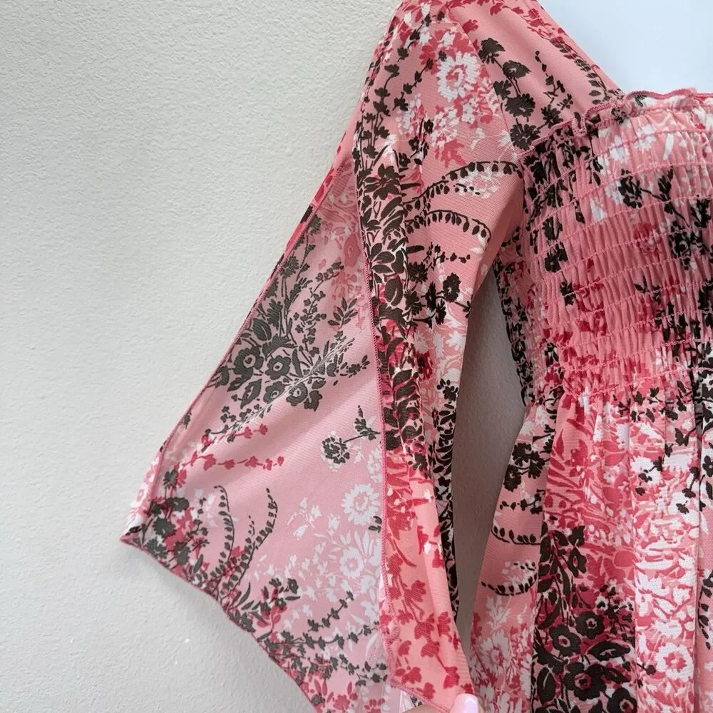 Vtg Y2K Fairy Top Size M Smocked Asymmetric Bell Sleeve Whimsi Ethereal Dainty - Picture 5 of 12